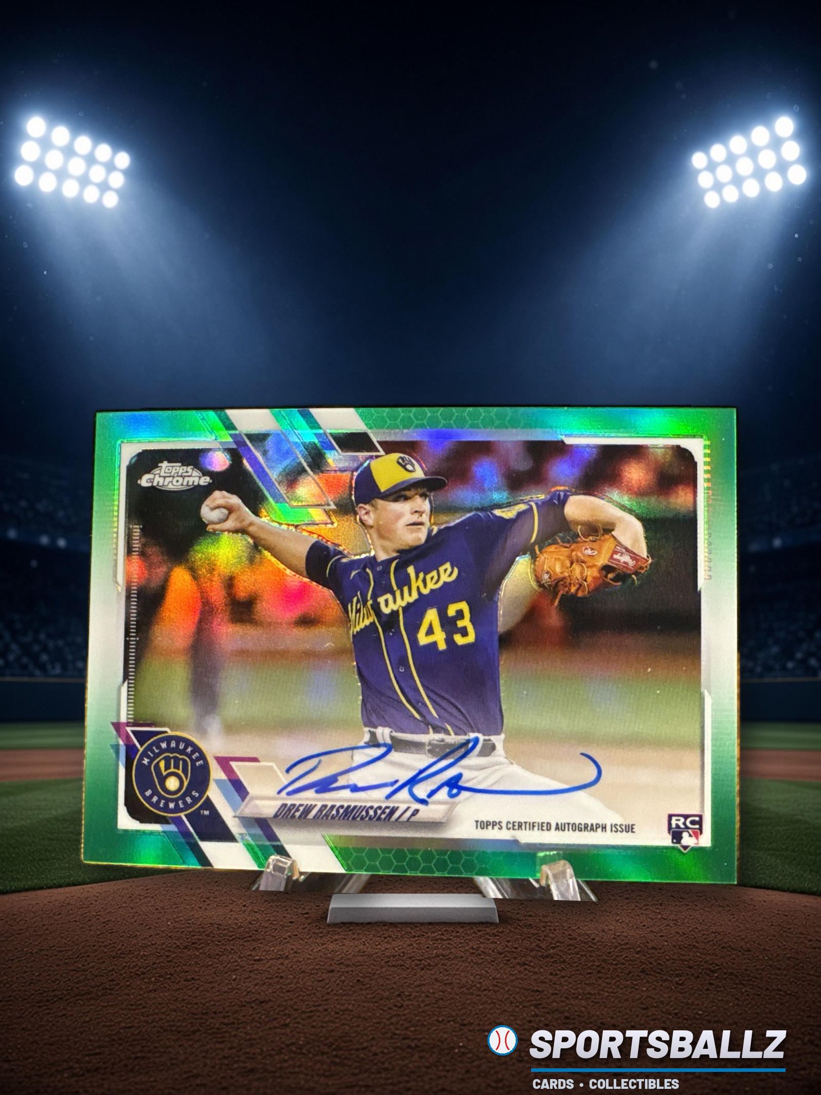 2021 Drew Rasmussen Topps Chrome Green Auto RC 64/99 SSP Rays